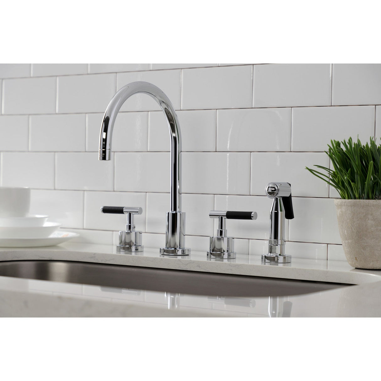 Kaiser KS8721CKLBS Widespread Kitchen Faucet with Brass Sprayer, Polished Chrome