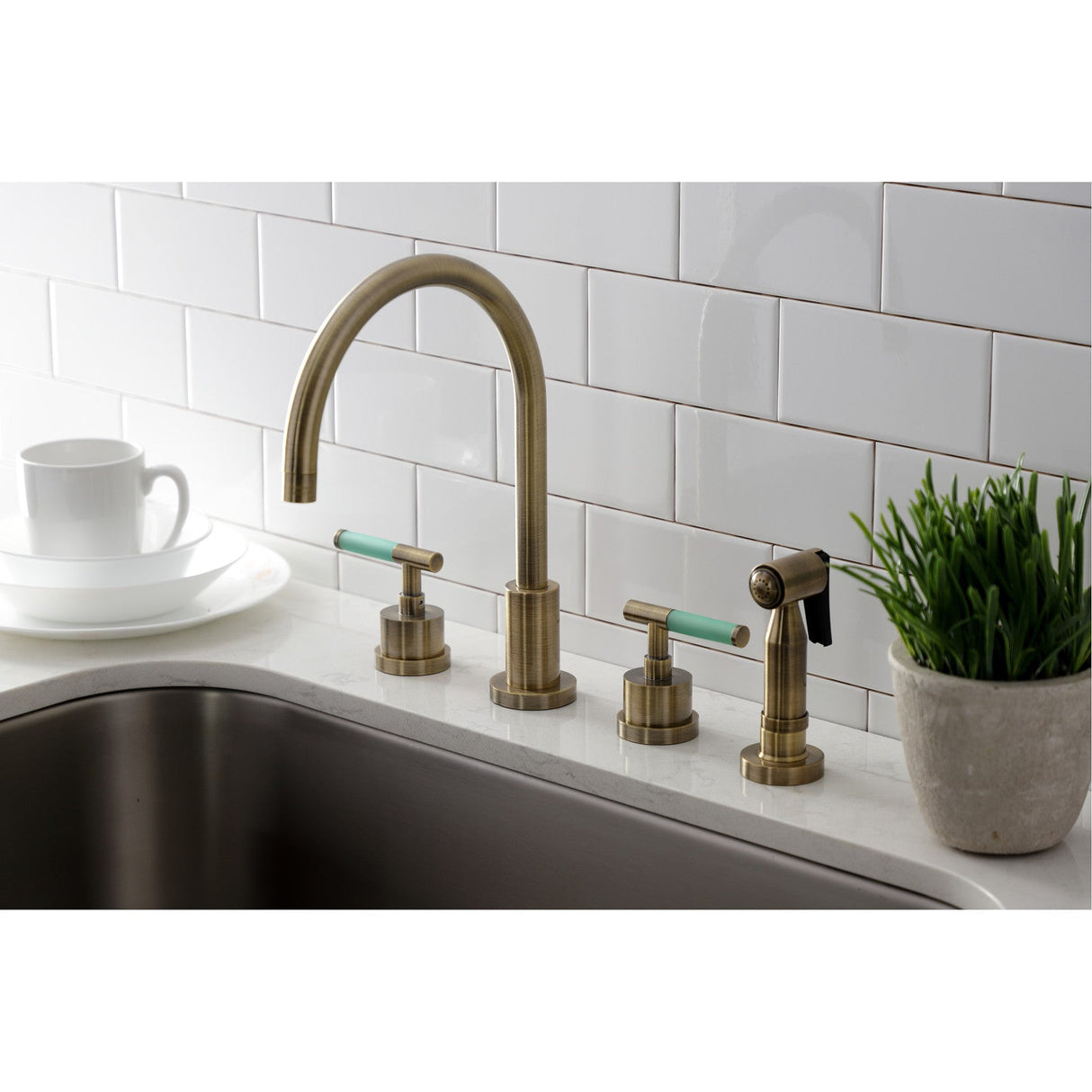 Kaiser KS8723CKLBS Widespread Kitchen Faucet with Brass Sprayer, Antique Brass
