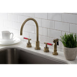 Kaiser KS8723CKLBS Widespread Kitchen Faucet with Brass Sprayer, Antique Brass