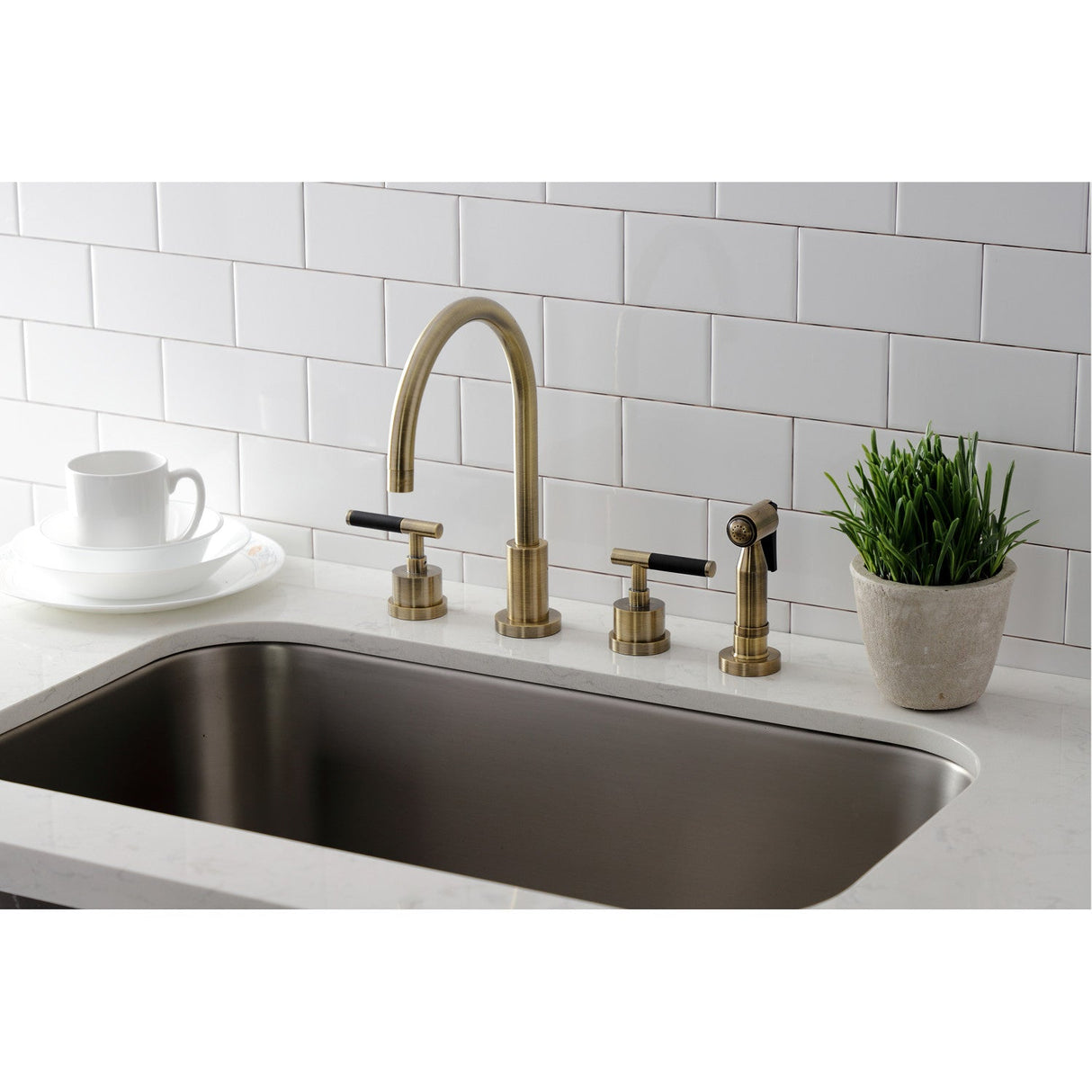 Kaiser KS8723CKLBS Widespread Kitchen Faucet with Brass Sprayer, Antique Brass