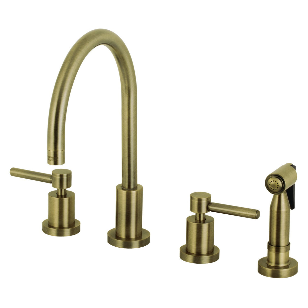 Concord KS8723DLBS Two-Handle 4-Hole Deck Mount Widespread Kitchen Faucet with Brass Sprayer, Antique Brass