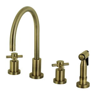 Concord KS8723DXBS Two-Handle 4-Hole Deck Mount Widespread Kitchen Faucet with Brass Sprayer, Antique Brass