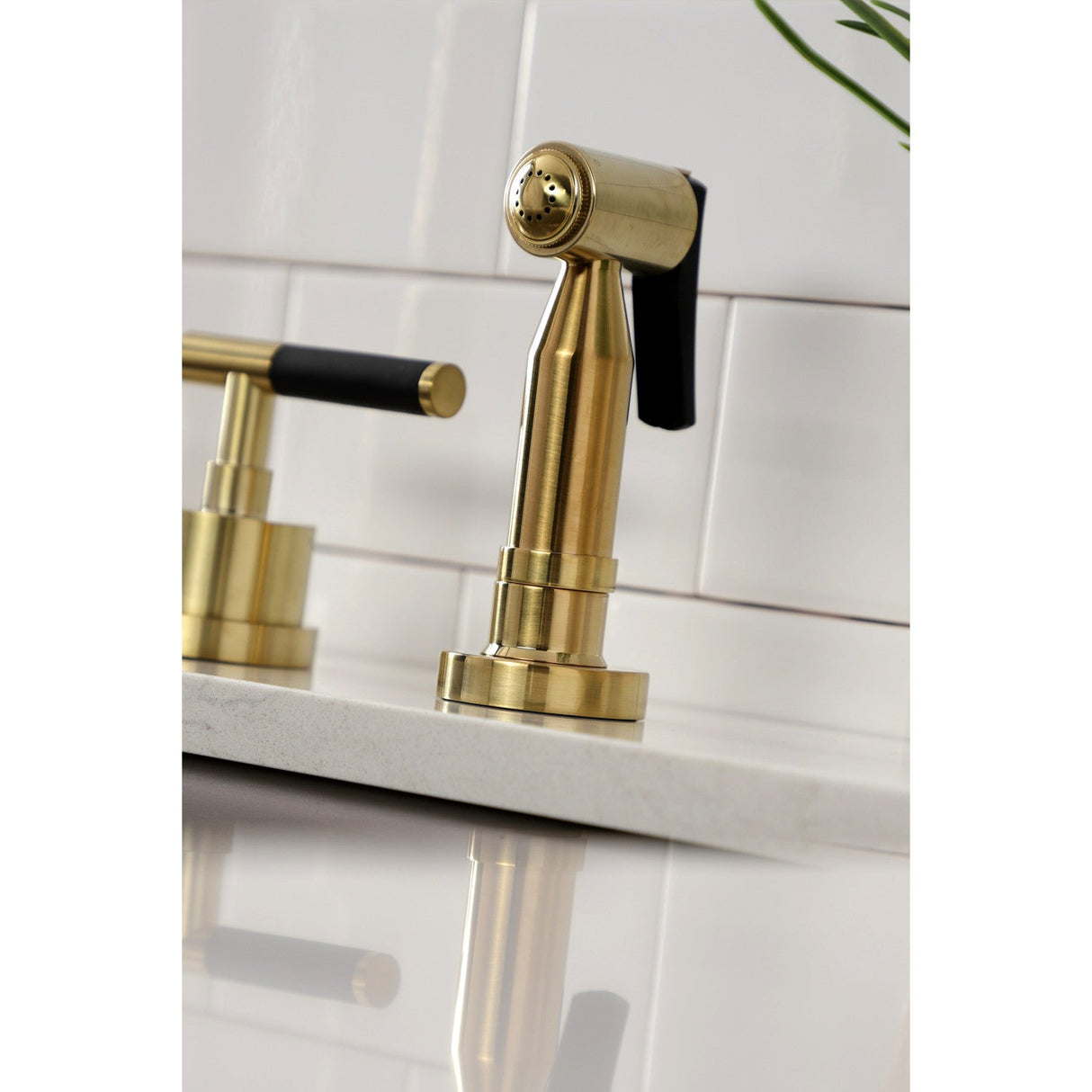 Kaiser KS8727CKLBS Widespread Kitchen Faucet with Brass Sprayer, Brushed Brass