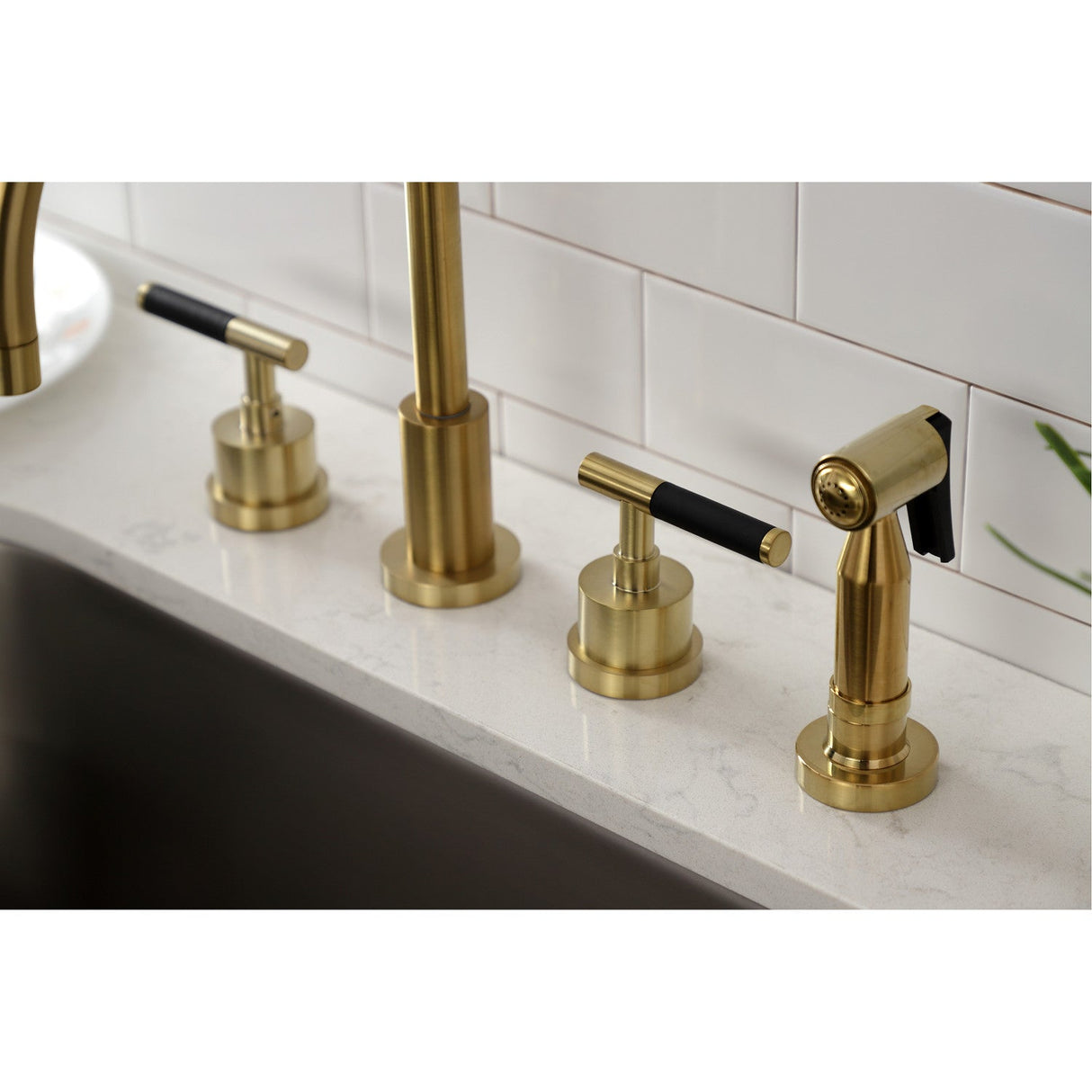 Kaiser KS8727CKLBS Widespread Kitchen Faucet with Brass Sprayer, Brushed Brass