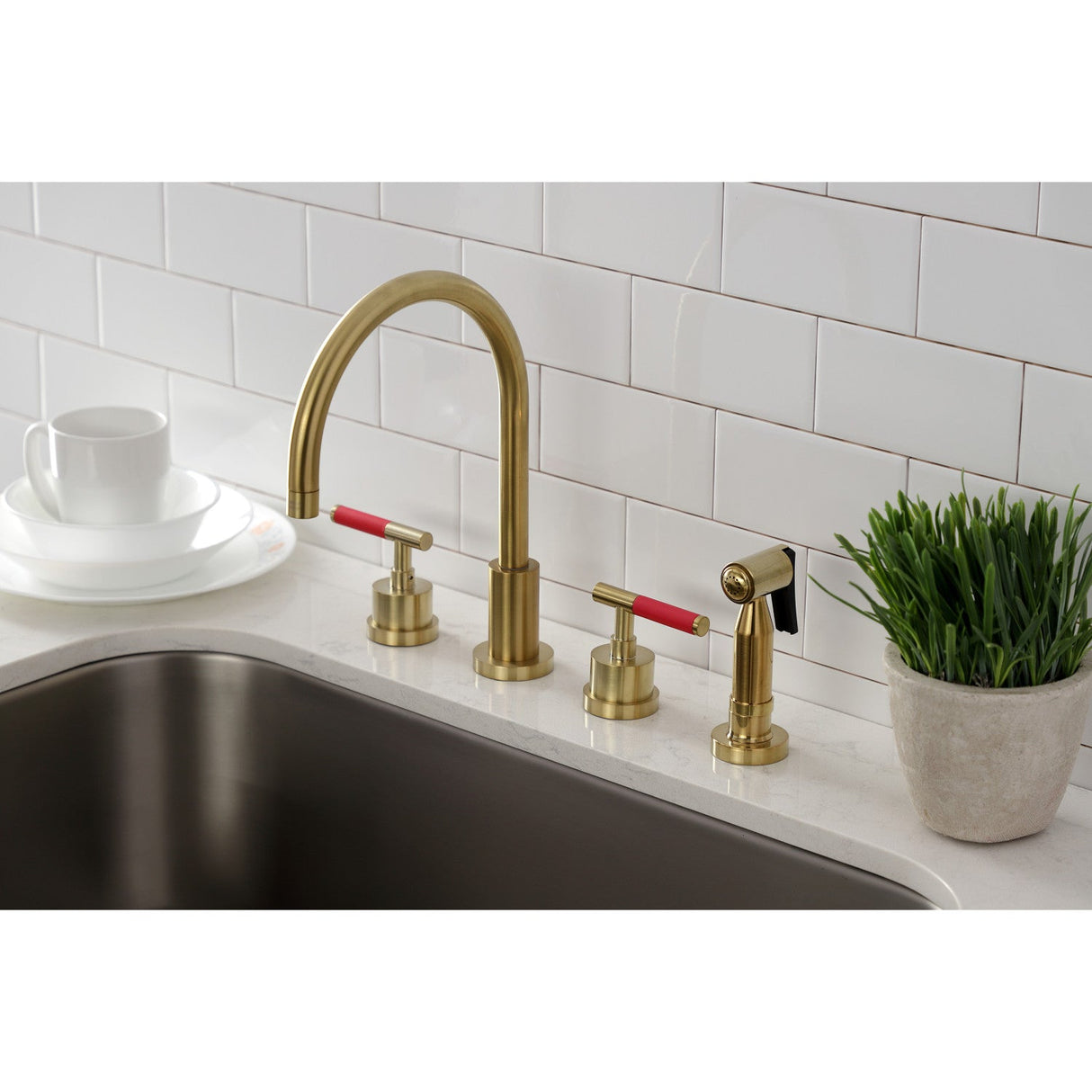 Kaiser KS8727CKLBS Widespread Kitchen Faucet with Brass Sprayer, Brushed Brass
