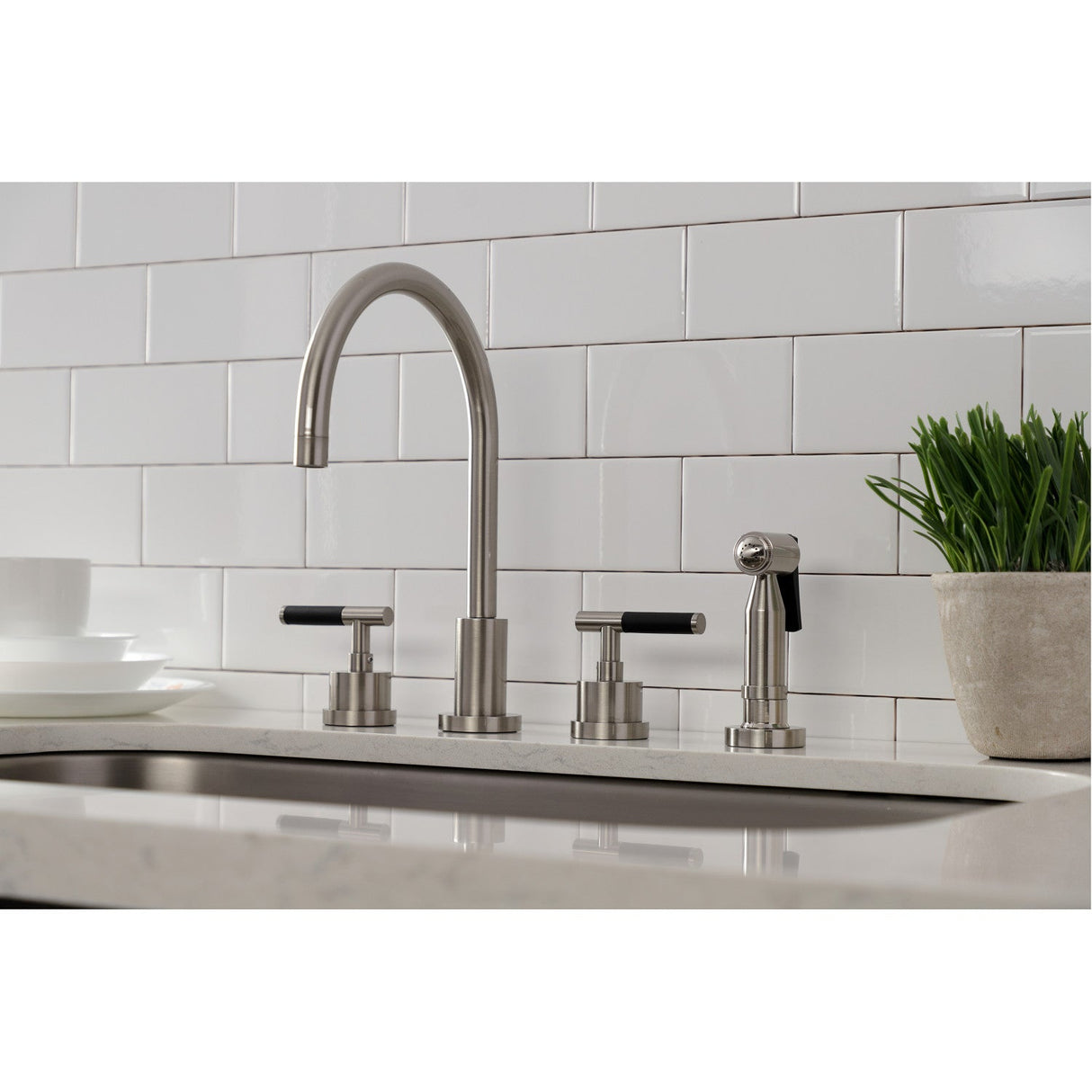 Kaiser KS8728CKLBS Widespread Kitchen Faucet with Brass Sprayer, Brushed Nickel