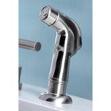 Manhattan KS8728CML Two-Handle 4-Hole Deck Mount Widespread Kitchen Faucet with Plastic Sprayer, Brushed Nickel