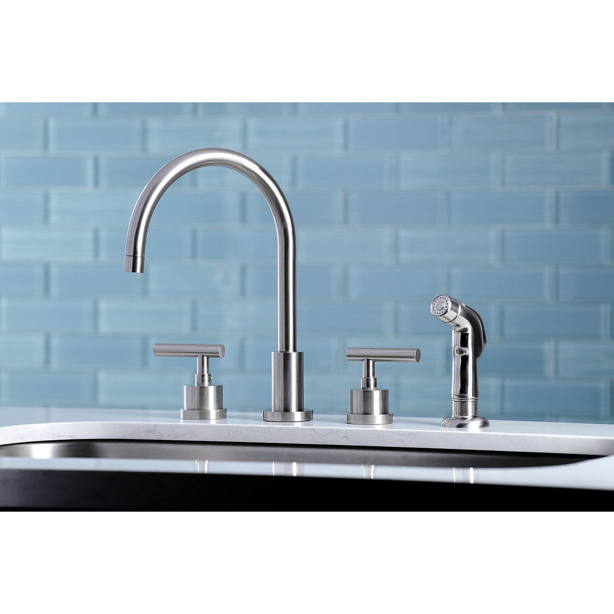 Manhattan KS8728CML Two-Handle 4-Hole Deck Mount Widespread Kitchen Faucet with Plastic Sprayer, Brushed Nickel