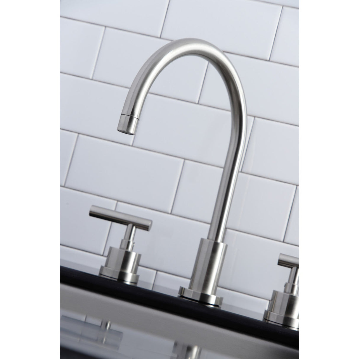 Manhattan KS8728CMLBS Two-Handle 4-Hole Deck Mount Widespread Kitchen Faucet with Brass Sprayer, Brushed Nickel