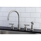 Manhattan KS8728CMLBS Two-Handle 4-Hole Deck Mount Widespread Kitchen Faucet with Brass Sprayer, Brushed Nickel