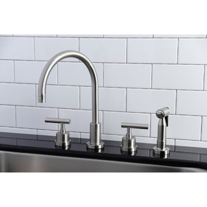 Manhattan KS8728CMLBS Two-Handle 4-Hole Deck Mount Widespread Kitchen Faucet with Brass Sprayer, Brushed Nickel