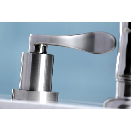 KS8728DFL Two-Handle 4-Hole Deck Mount Widespread Kitchen Faucet with Plastic Sprayer, Brushed Nickel