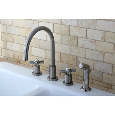 Millennium KS8728ZX Two-Handle 4-Hole Deck Mount Widespread Kitchen Faucet with Plastic Sprayer, Brushed Nickel