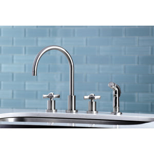 Millennium KS8728ZX Two-Handle 4-Hole Deck Mount Widespread Kitchen Faucet with Plastic Sprayer, Brushed Nickel