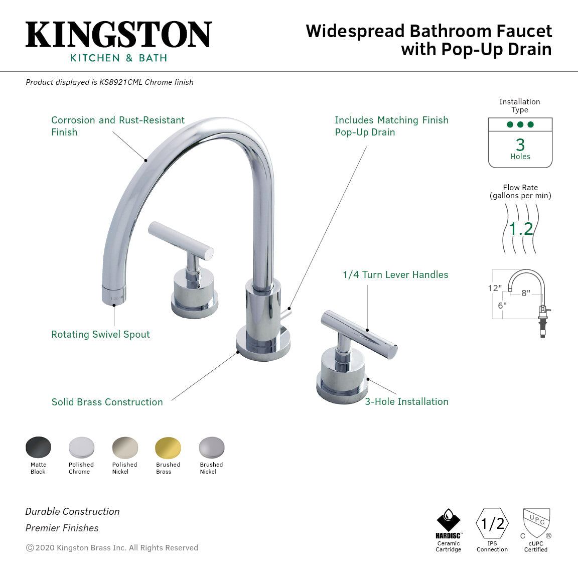 Manhattan KS8926CML Two-Handle 3-Hole Deck Mount Widespread Bathroom Faucet with Brass Pop-Up, Polished Nickel