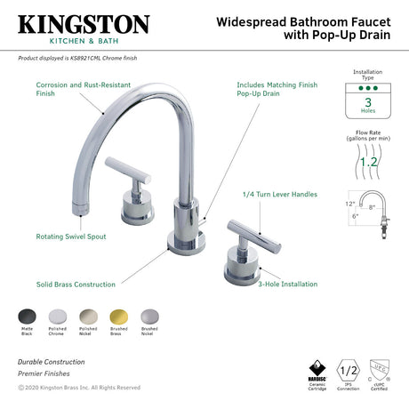 Manhattan KS8926CML Two-Handle 3-Hole Deck Mount Widespread Bathroom Faucet with Brass Pop-Up, Polished Nickel