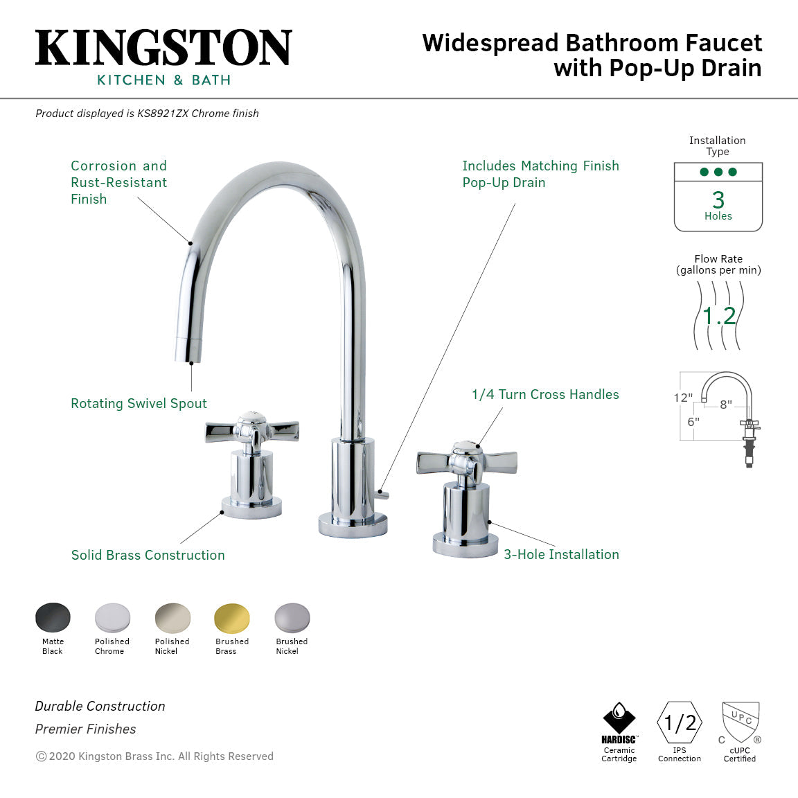 Millennium KS8926ZX Two-Handle 3-Hole Deck Mount Widespread Bathroom Faucet with Brass Pop-Up, Polished Nickel