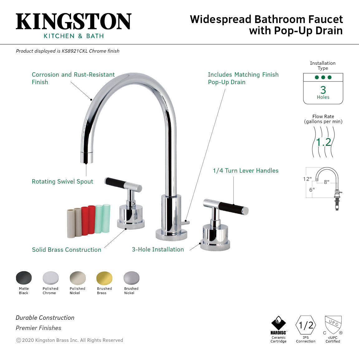 Kaiser KS8928CKL Two-Handle Deck Mount Widespread Bathroom Faucet with Brass Pop-Up, Brushed Nickel