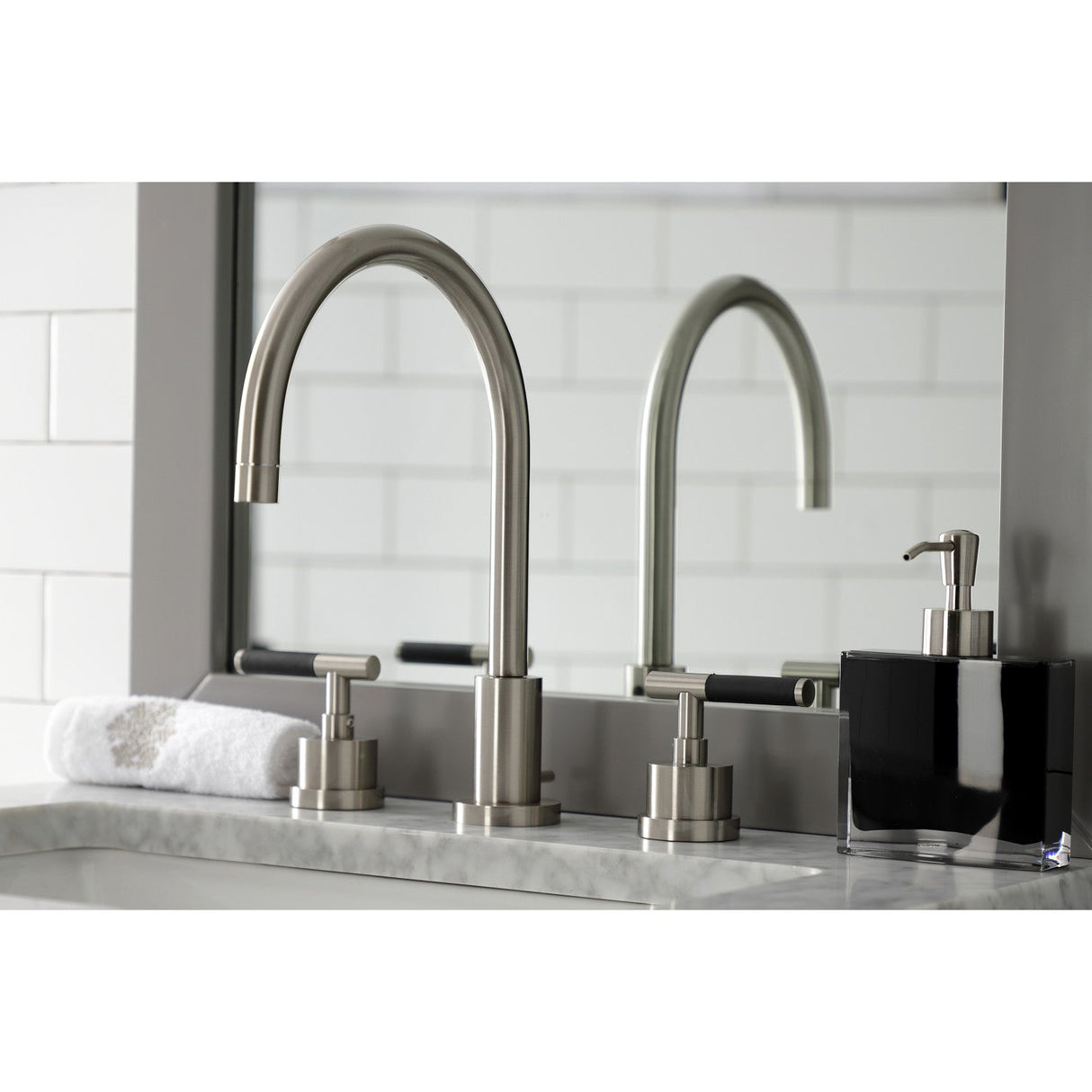 Kaiser KS8928CKL Two-Handle Deck Mount Widespread Bathroom Faucet with Brass Pop-Up, Brushed Nickel