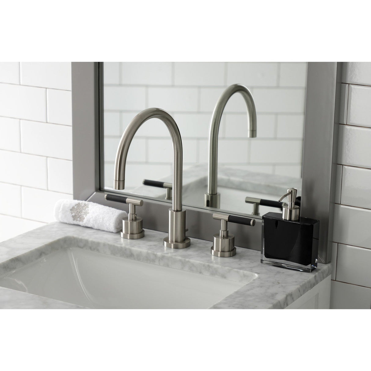 Kaiser KS8928CKL Two-Handle Deck Mount Widespread Bathroom Faucet with Brass Pop-Up, Brushed Nickel