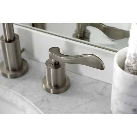 NuWave KS8928DFL Two-Handle 3-Hole Deck Mount Widespread Bathroom Faucet with Brass Pop-Up, Brushed Nickel