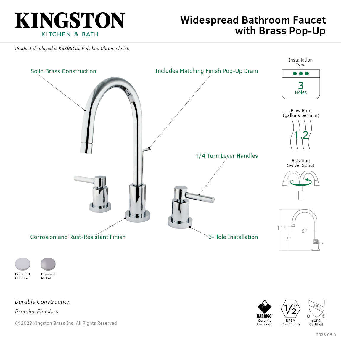 Concord KS8958DL Two-Handle 3-Hole Deck Mount Widespread Bathroom Faucet with Brass Pop-Up, Brushed Nickel