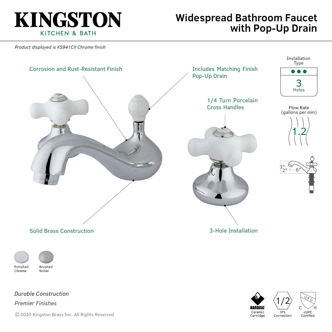 KS948CX Two-Handle 3-Hole Deck Mount Widespread Bathroom Faucet with Plastic Pop-Up, Brushed Nickel