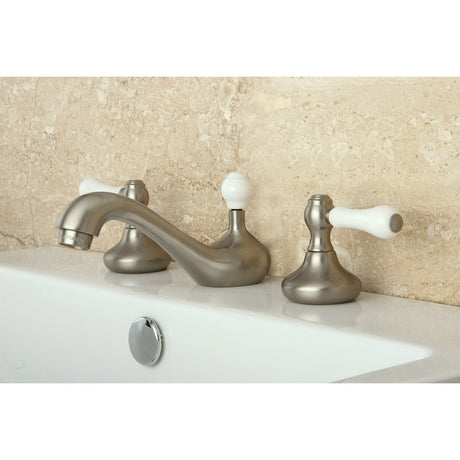 KS948PL Two-Handle 3-Hole Deck Mount Widespread Bathroom Faucet with Plastic Pop-Up, Brushed Nickel