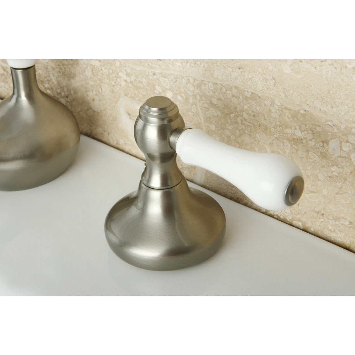 KS948PL Two-Handle 3-Hole Deck Mount Widespread Bathroom Faucet with Plastic Pop-Up, Brushed Nickel
