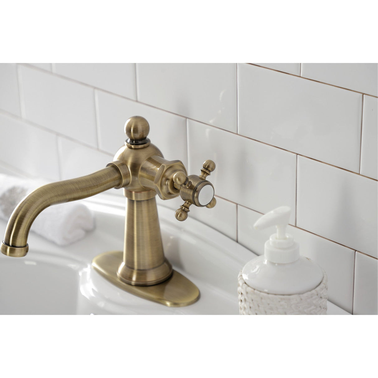 Nautical KSD154BXAB Single-Handle 1-Hole Deck Mount Bathroom Faucet with Push Pop-Up and Deck Plate, Antique Brass