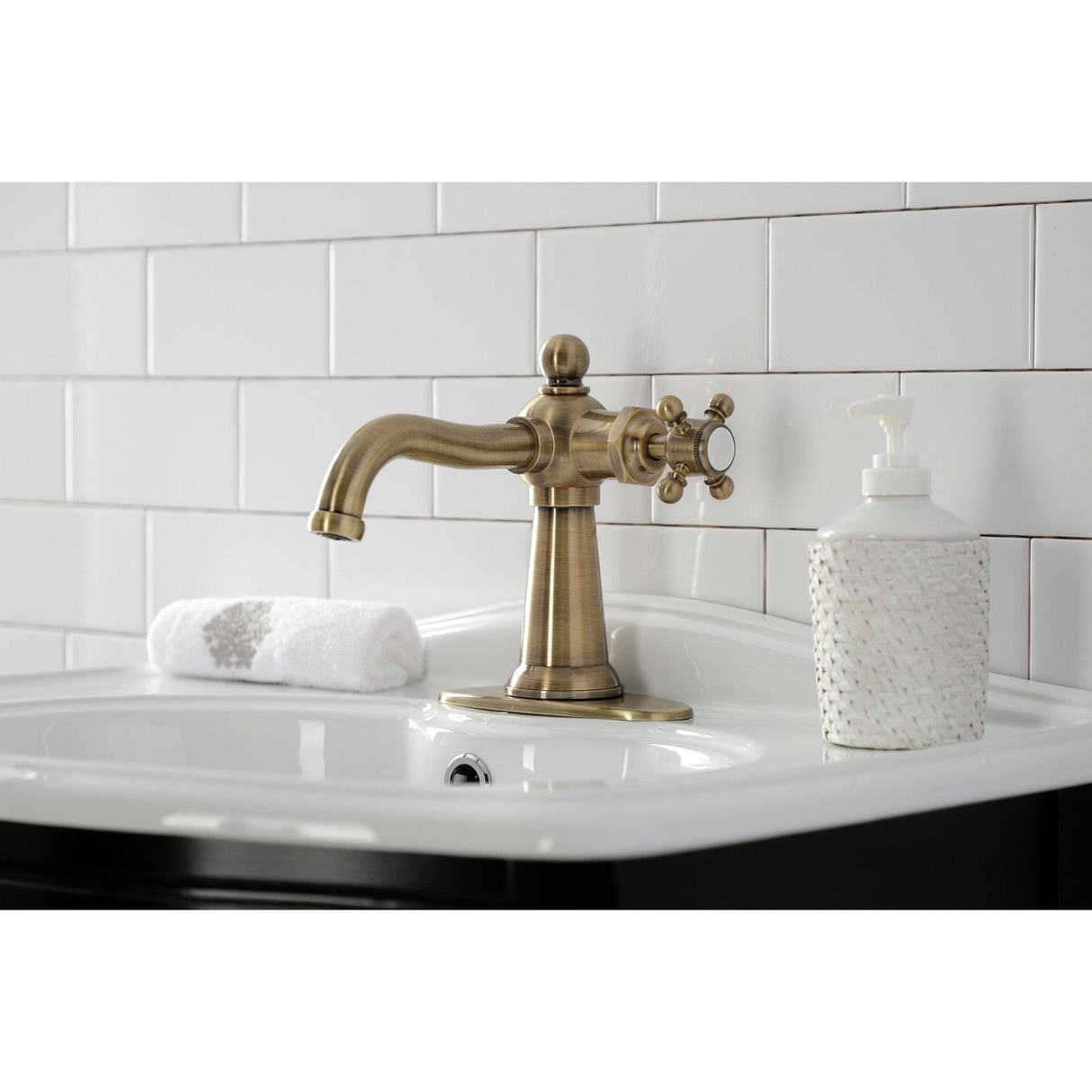 Nautical KSD154BXAB Single-Handle 1-Hole Deck Mount Bathroom Faucet with Push Pop-Up and Deck Plate, Antique Brass