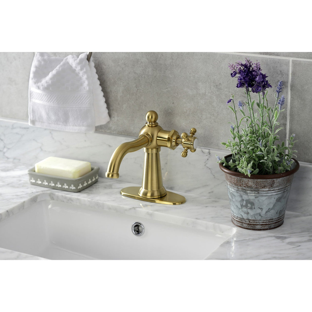 Nautical KSD154BXBB Single-Handle 1-Hole Deck Mount Bathroom Faucet with Push Pop-Up and Deck Plate, Brushed Brass