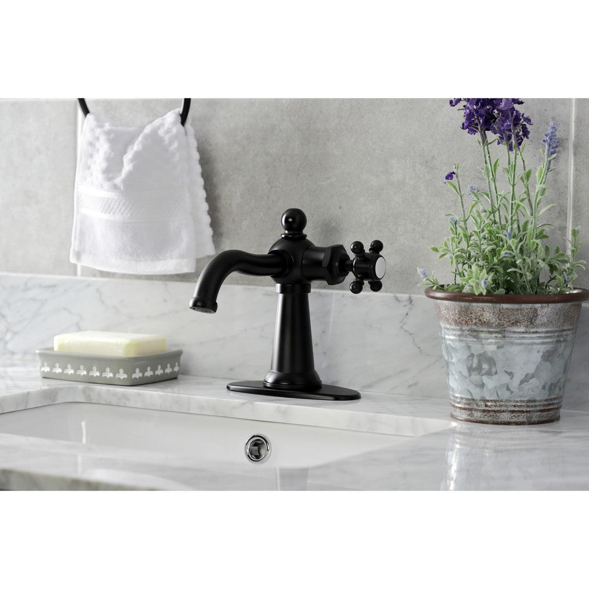 Nautical KSD154BXMB Single-Handle 1-Hole Deck Mount Bathroom Faucet with Push Pop-Up and Deck Plate, Matte Black