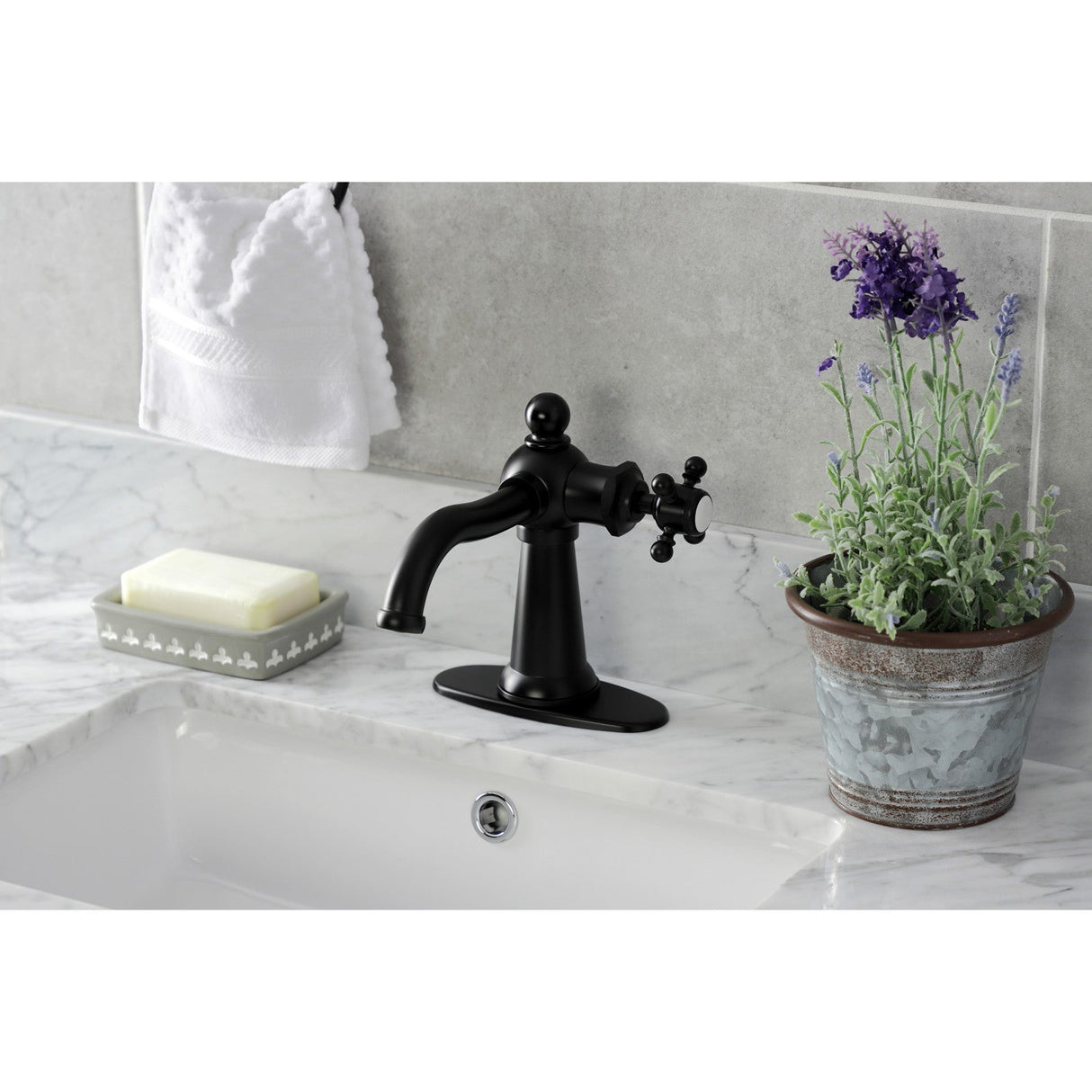 Nautical KSD154BXMB Single-Handle 1-Hole Deck Mount Bathroom Faucet with Push Pop-Up and Deck Plate, Matte Black