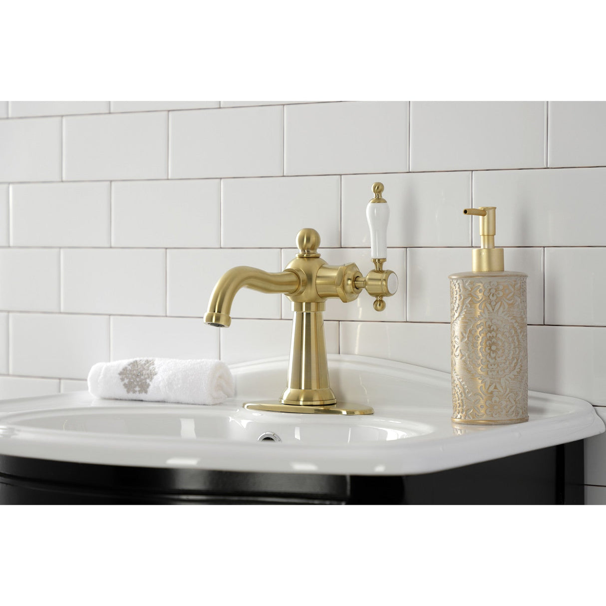 Nautical KSD154KLBB Single-Handle 1-Hole Deck Mount Bathroom Faucet with Push Pop-Up and Deck Plate, Brushed Brass