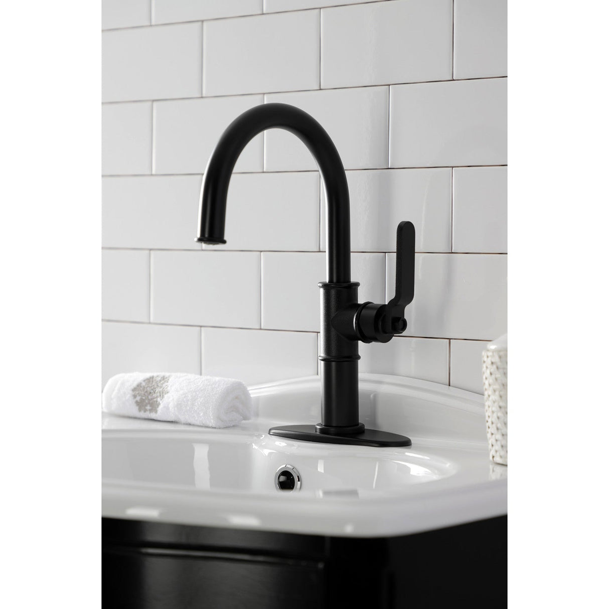 Whitaker KSD2230KL Single-Handle 1-Hole Deck Mount Bathroom Faucet with Push Pop-Up and Deck Plate, Matte Black