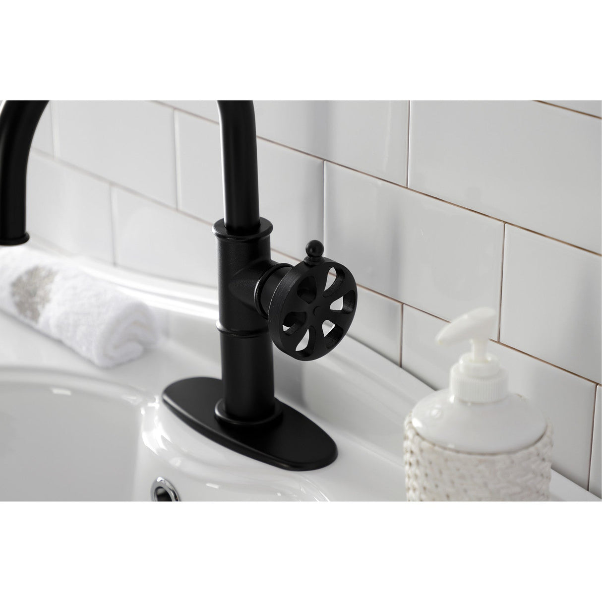 Belknap KSD2230RX Single-Handle 1-Hole Deck Mount Bathroom Faucet with Push Pop-Up and Deck Plate, Matte Black