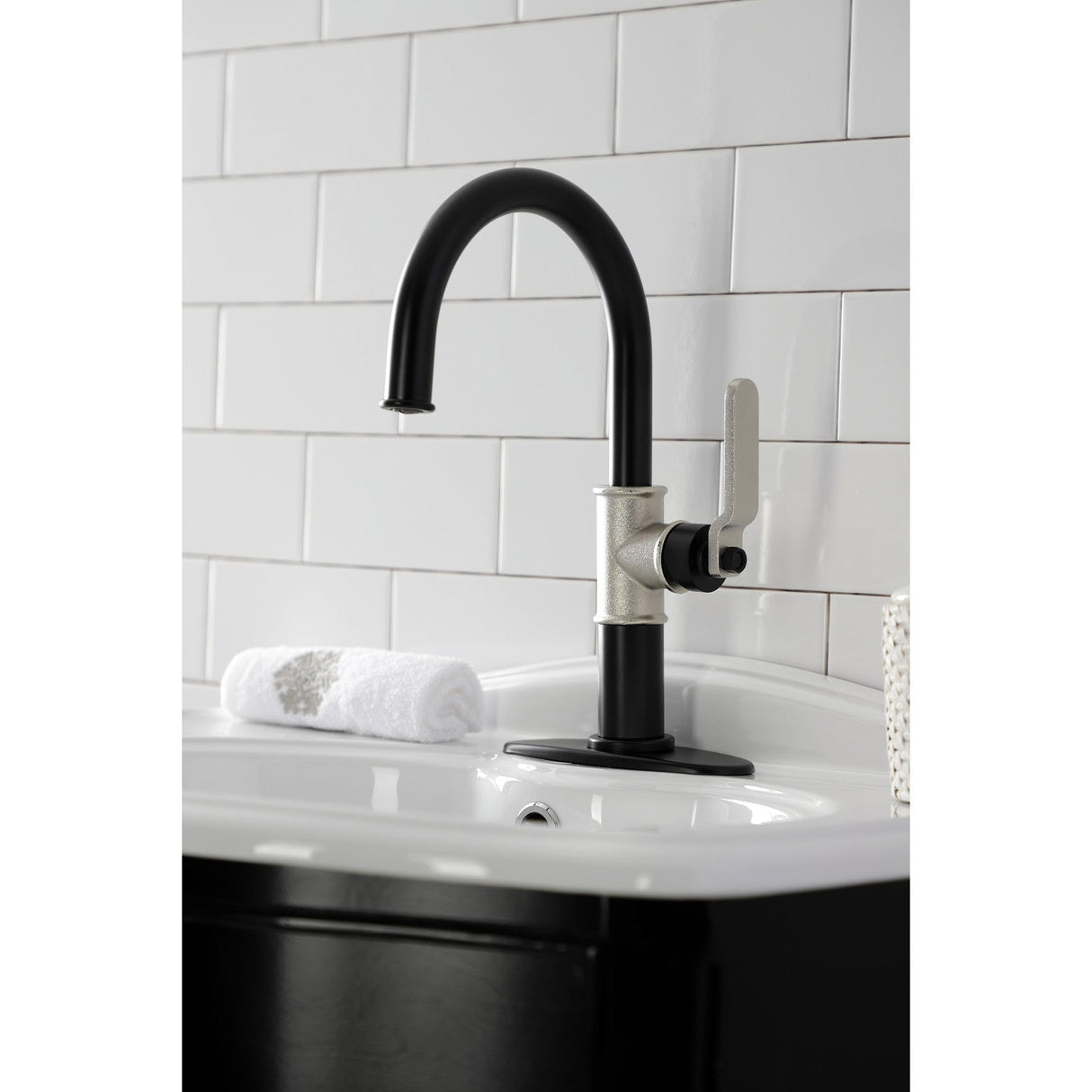 Whitaker KSD2236KL Single-Handle 1-Hole Deck Mount Bathroom Faucet with Push Pop-Up and Deck Plate, Matte Black/Polished Nickel