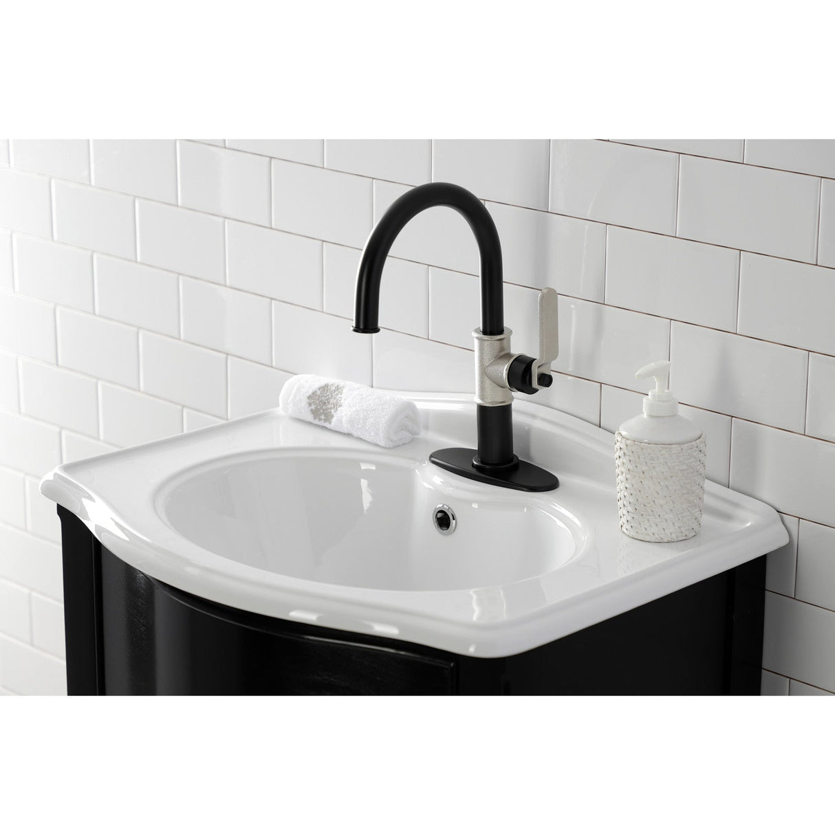 Whitaker KSD2236KL Single-Handle 1-Hole Deck Mount Bathroom Faucet with Push Pop-Up and Deck Plate, Matte Black/Polished Nickel