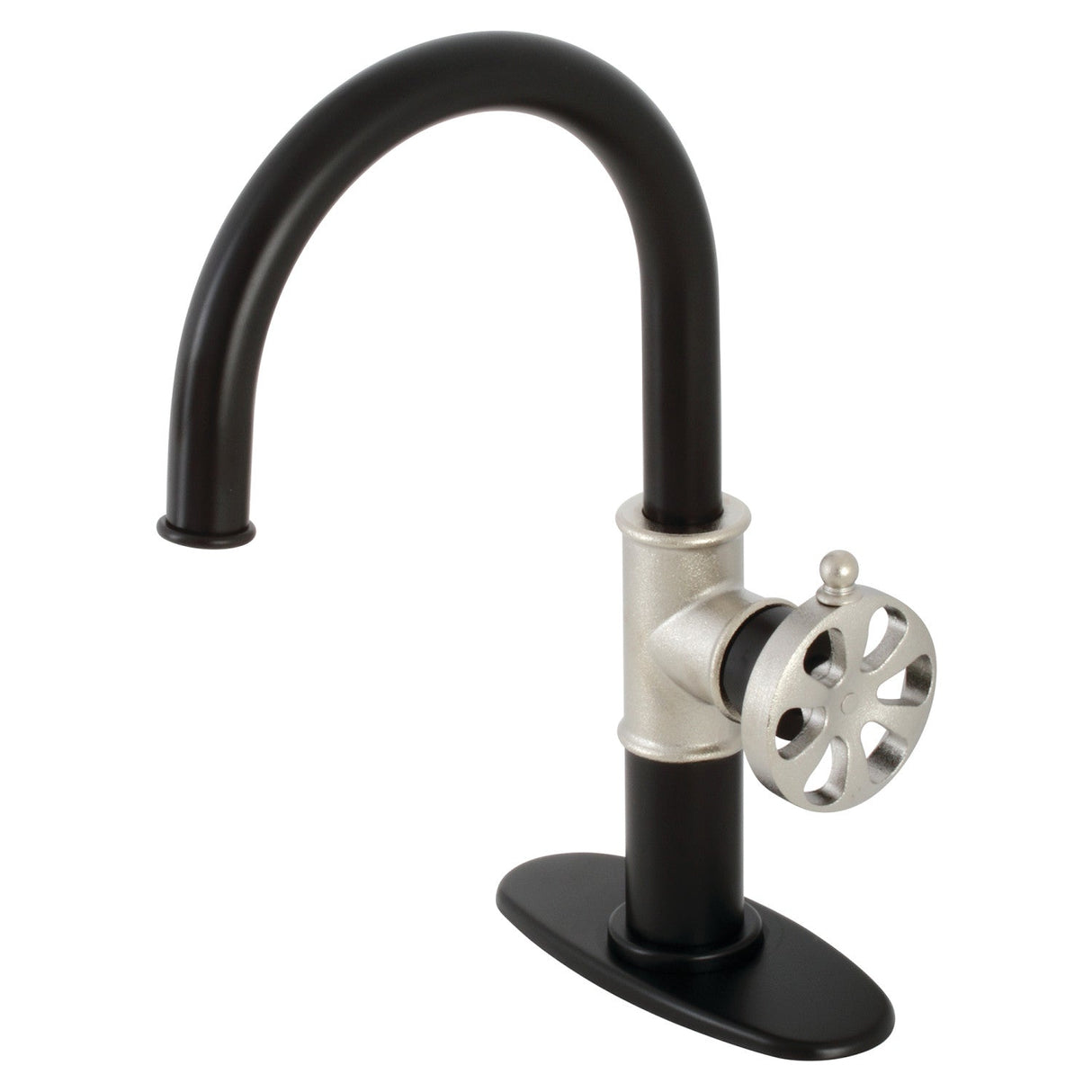 Belknap KSD2236RX Single-Handle 1-Hole Deck Mount Bathroom Faucet with Push Pop-Up and Deck Plate, Matte Black/Polished Nickel