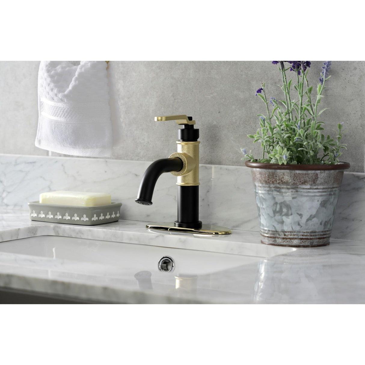 Whitaker KSD2822KL Single-Handle 1-Hole Deck Mount Bathroom Faucet with Push Pop-Up and Deck Plate, Matte Black/Polished Brass
