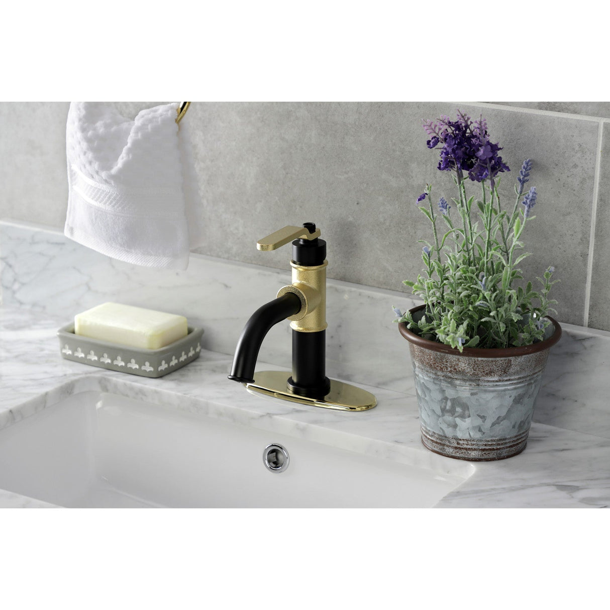 Whitaker KSD2822KL Single-Handle 1-Hole Deck Mount Bathroom Faucet with Push Pop-Up and Deck Plate, Matte Black/Polished Brass