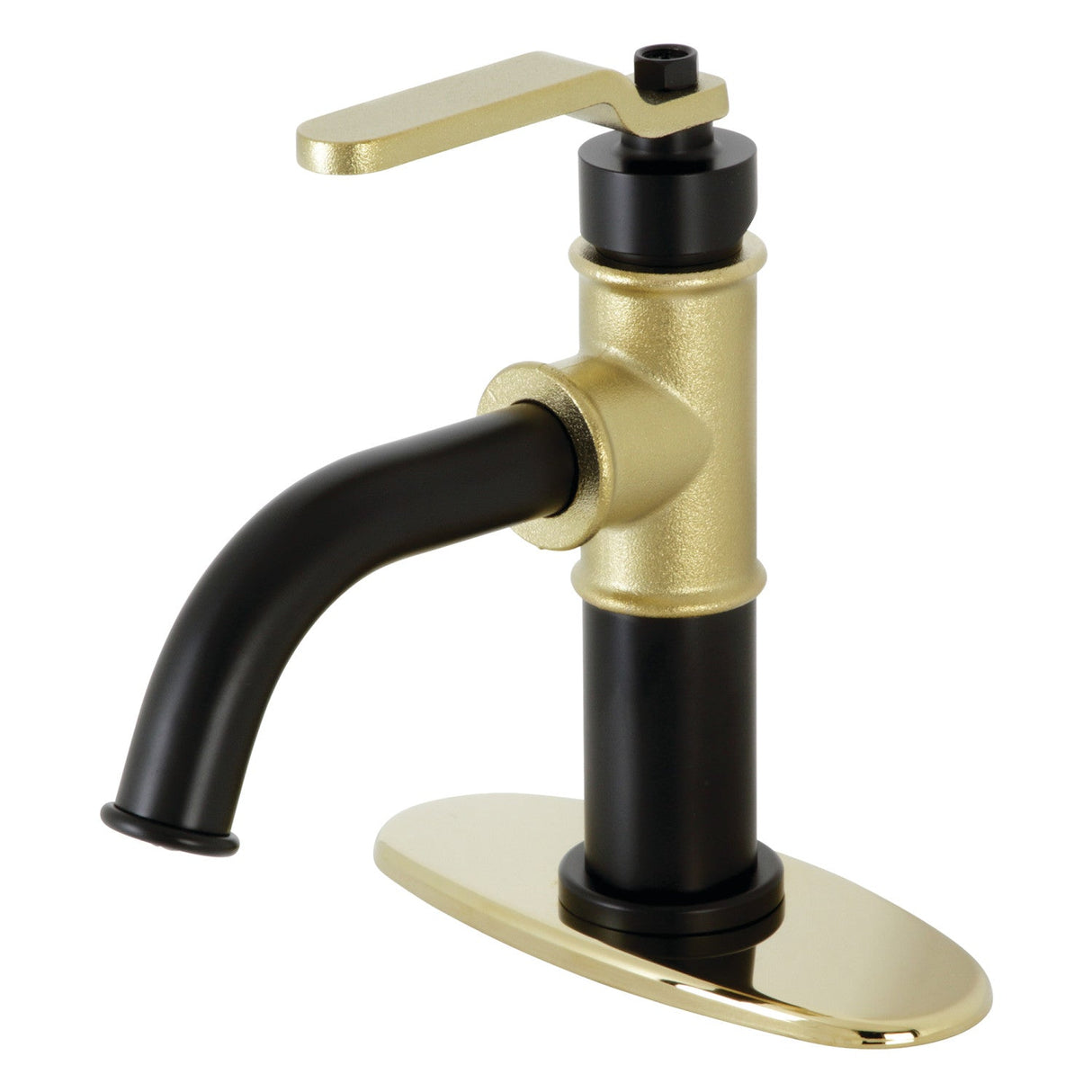 Whitaker KSD2822KL Single-Handle 1-Hole Deck Mount Bathroom Faucet with Push Pop-Up and Deck Plate, Matte Black/Polished Brass