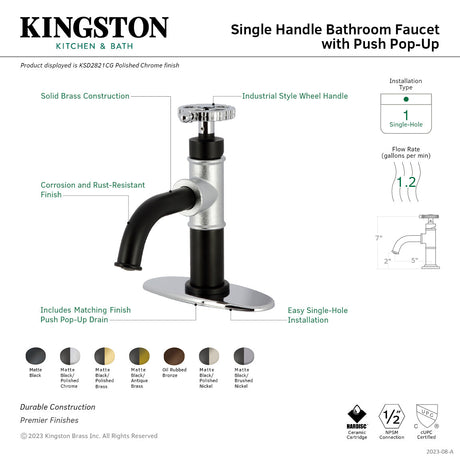 Fuller KSD2823CG Single-Handle 1-Hole Deck Mount Bathroom Faucet with Push Pop-Up and Deck Plate, Matte Black/Antique Brass