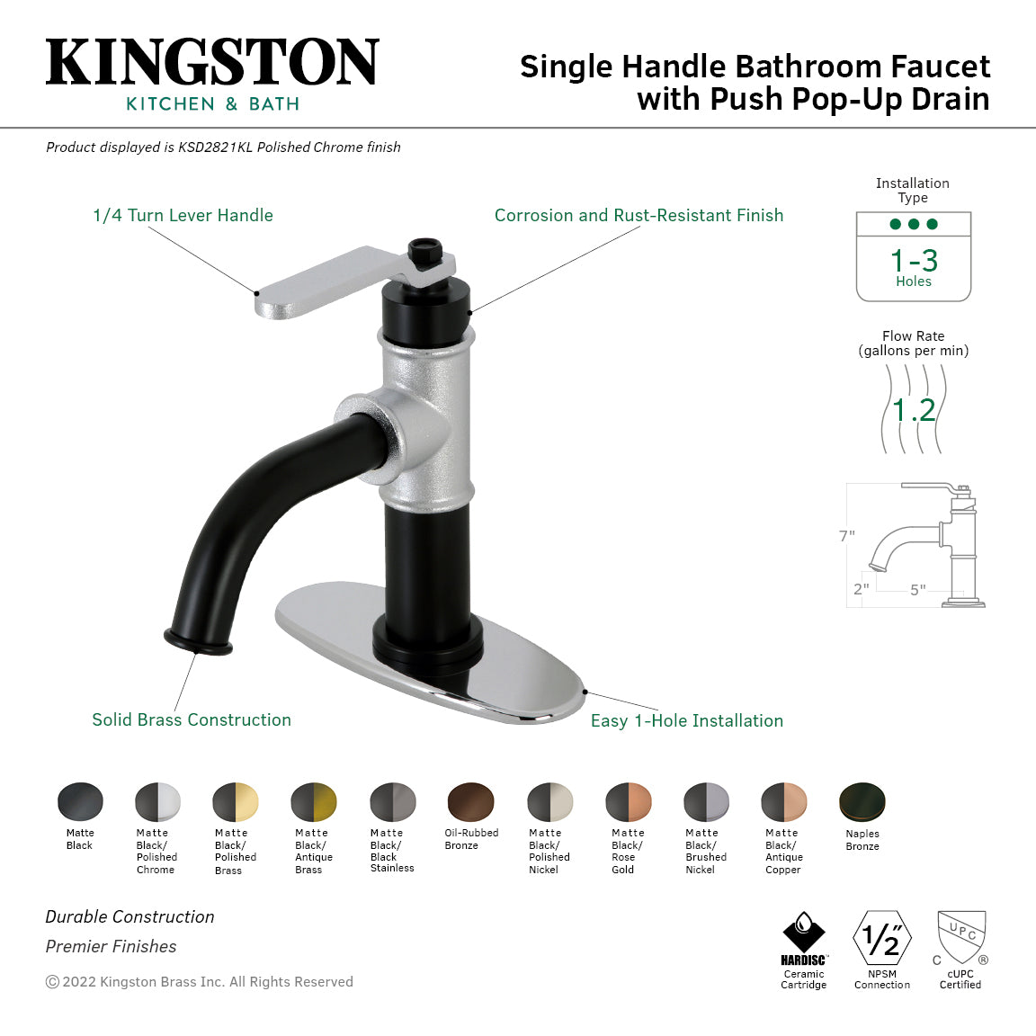 Whitaker KSD2823KL Single-Handle 1-Hole Deck Mount Bathroom Faucet with Push Pop-Up and Deck Plate, Matte Black/Antique Brass
