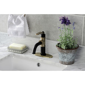 Whitaker KSD2823KL Single-Handle 1-Hole Deck Mount Bathroom Faucet with Push Pop-Up and Deck Plate, Matte Black/Antique Brass