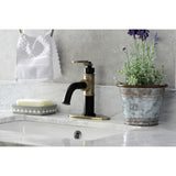 Whitaker KSD2823KL Single-Handle 1-Hole Deck Mount Bathroom Faucet with Push Pop-Up and Deck Plate, Matte Black/Antique Brass
