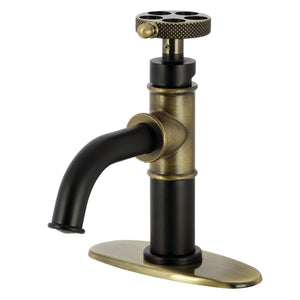 Webb KSD2823RKX Single-Handle 1-Hole Deck Mount Bathroom Faucet with Knurled Handle and Push Pop-Up Drain, Matte Black/Antique Brass