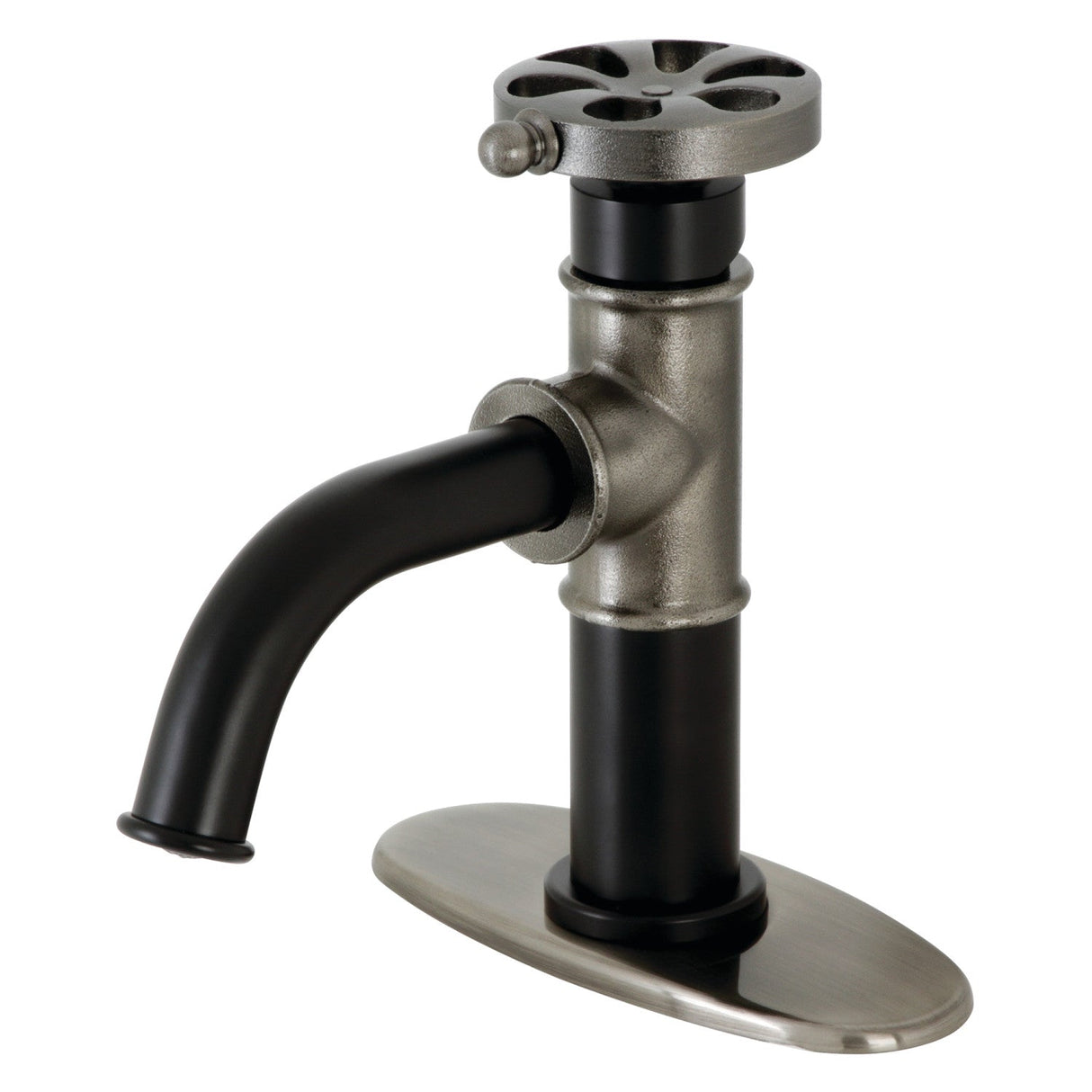 Belknap KSD2824RX Single-Handle 1-Hole Deck Mount Bathroom Faucet with Push Pop-Up and Deck Plate, Matte Black/Black Stainless