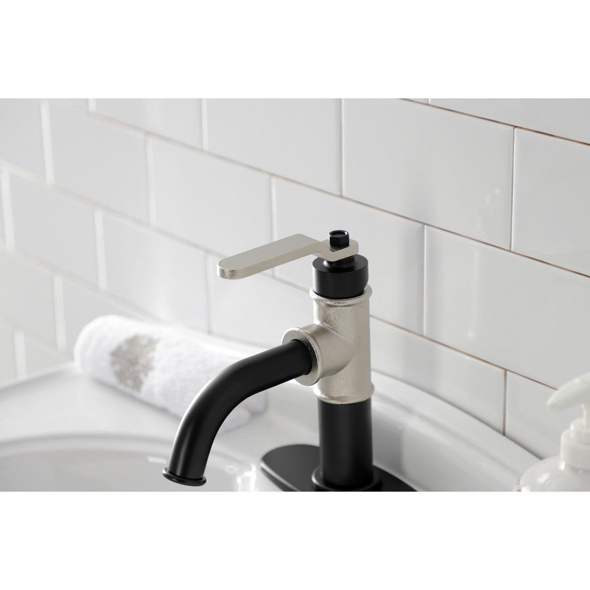 Whitaker KSD2826KL Single-Handle 1-Hole Deck Mount Bathroom Faucet with Push Pop-Up and Deck Plate, Matte Black/Polished Nickel